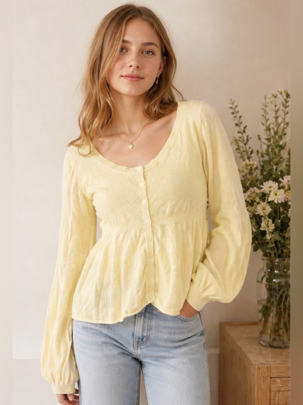 Anthropologie Guinevere Yellow Babydoll Cardigan Balloon Sleeve Knit Top Size L